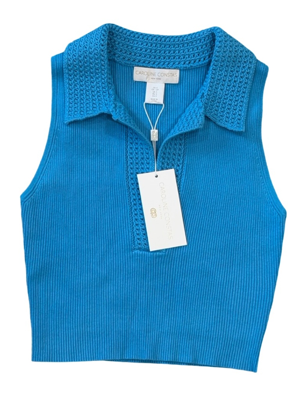 NWT Caroline Constas Ribbed Crochet Trim Sleeveless Cropped Top